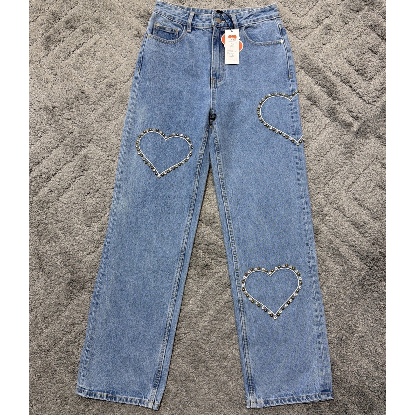 CIDER Jeans XS Blue Wide Leg Rhinestone Heart Studded Denim Y2K Trend NWT