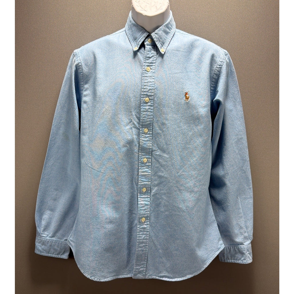 Ralph Lauren Slim Fit Stretch Oxford Shirt Men L Blue Long Sleeve Flesh Pony