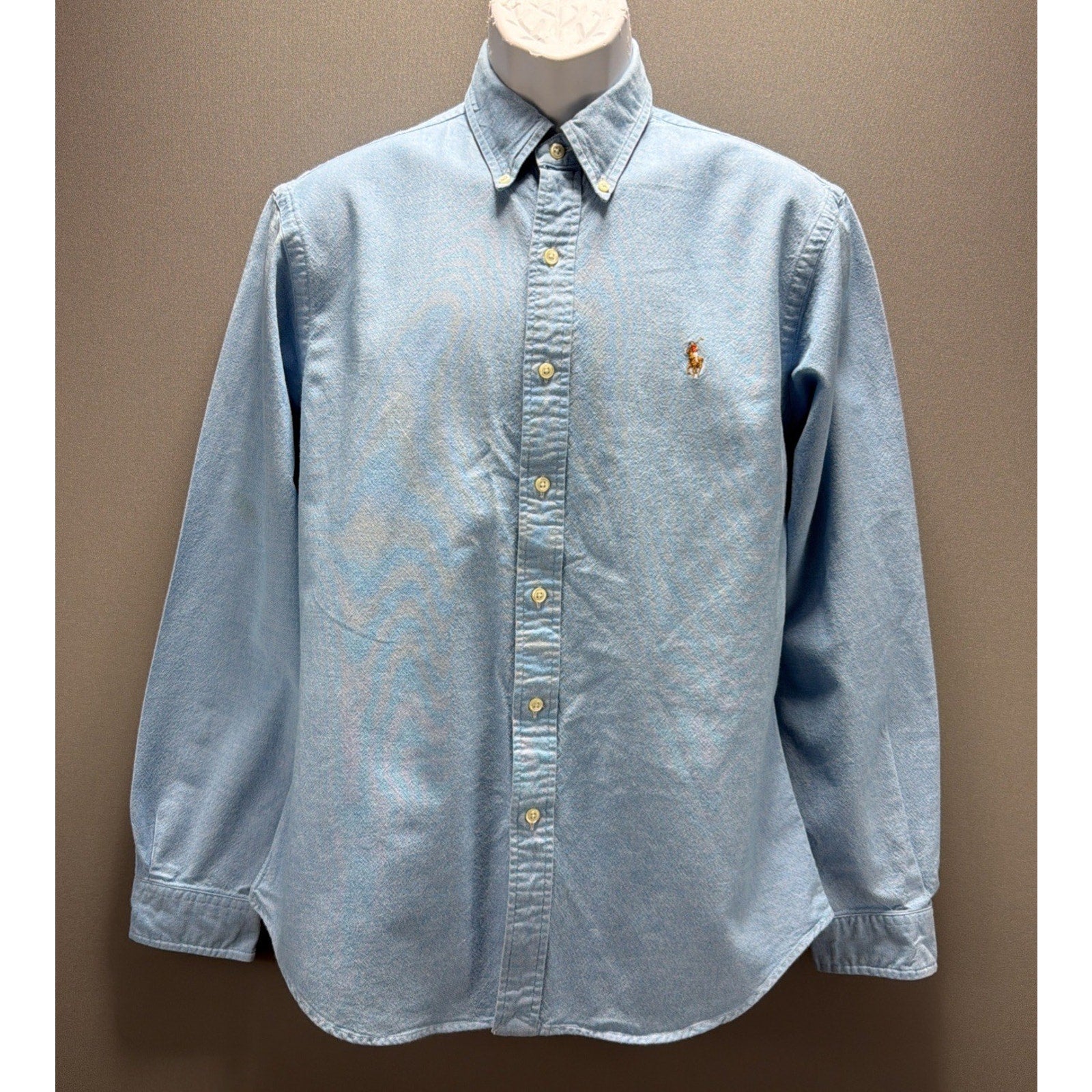 Ralph Lauren Slim Fit Stretch Oxford Shirt Men L Blue Long Sleeve Flesh Pony