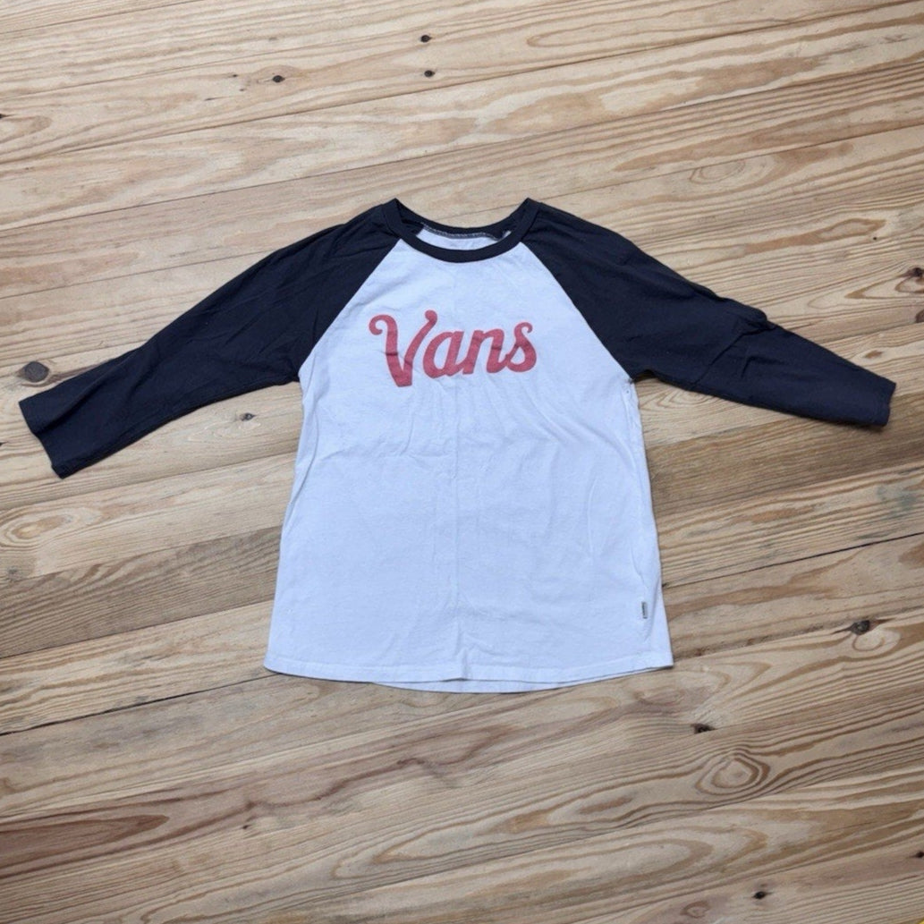 Vans White & Black Raglan Sleeve T-Shirt Boys Size Small Red Felt Logo Lettering