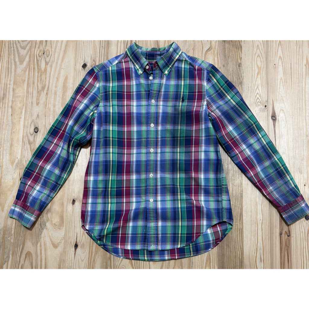 RALPH LAUREN Boys Sz L 16/18 Shirt Plaid Button Down Pink Blue Green LS