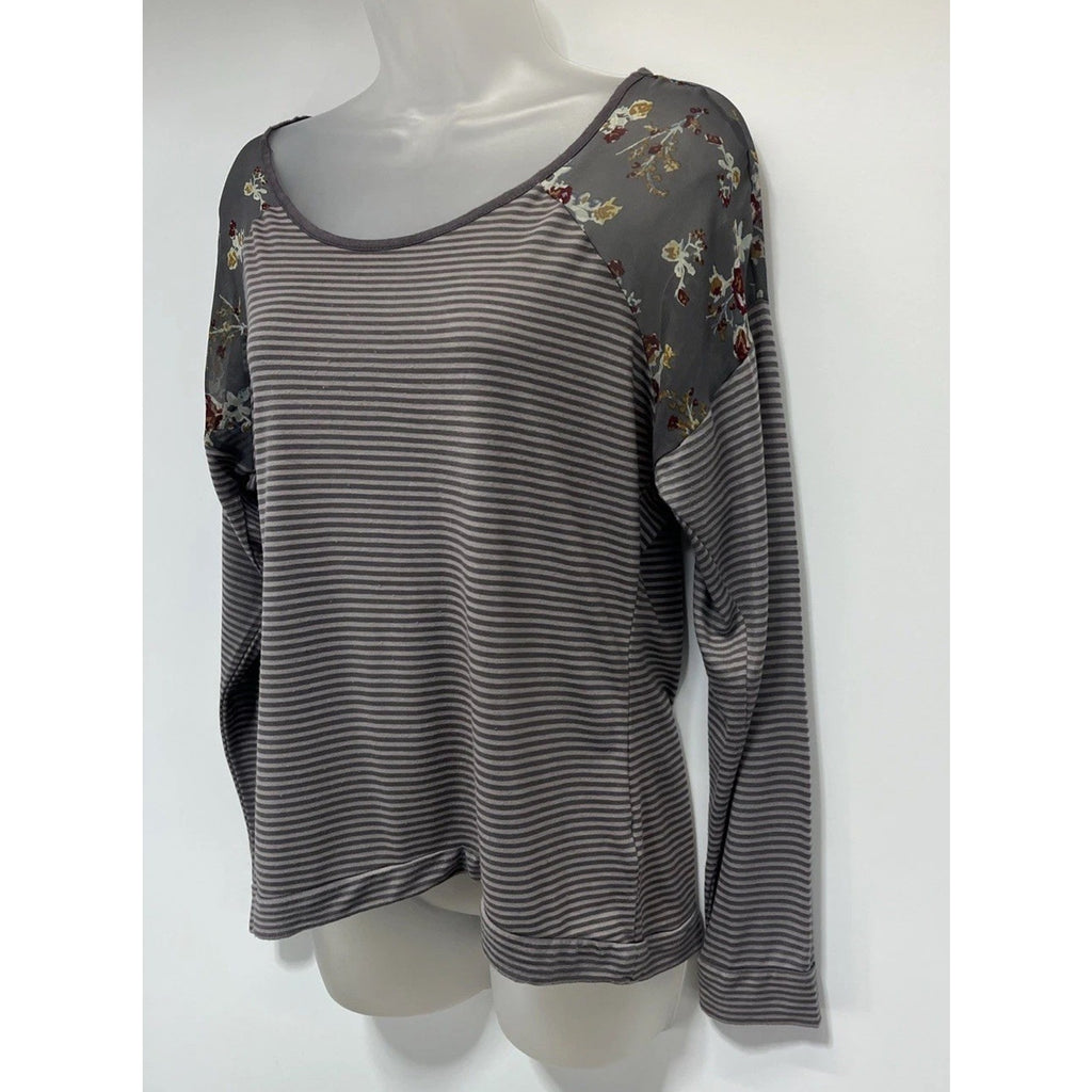 Mudd Top Womens Size M Gray Floral Striped Long Sleeve Boho Grunge Peasant
