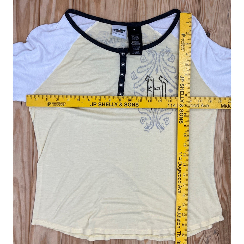 Harley Davidson Yellow & White Rhinestoned 3/4 Sleeve Top Size M