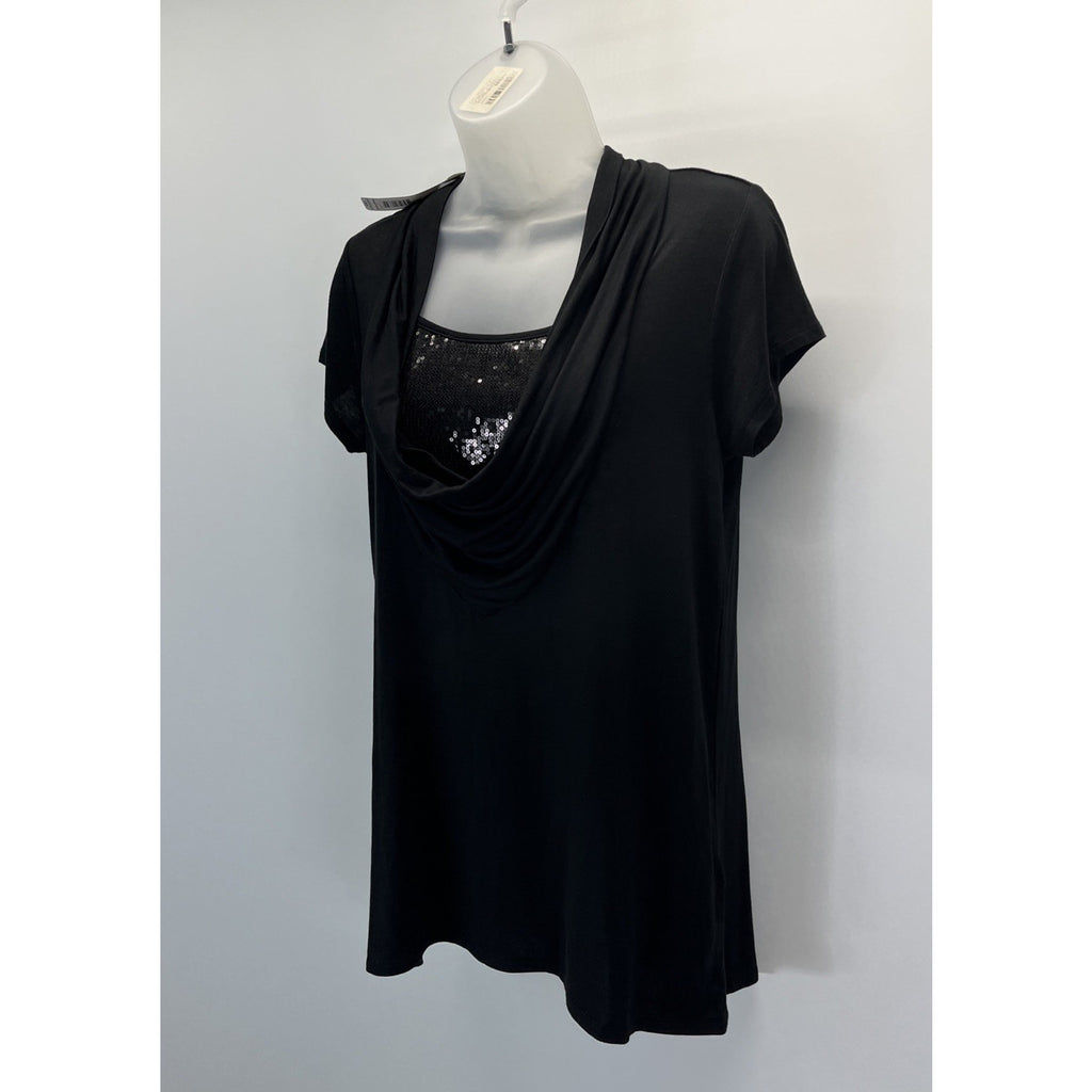 NWT August Silk Top Black Sequin Pullover Round Neck Short Sleeve Size S
