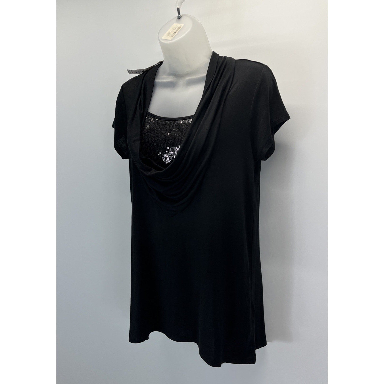 NWT August Silk Top Black Sequin Pullover Round Neck Short Sleeve Size S