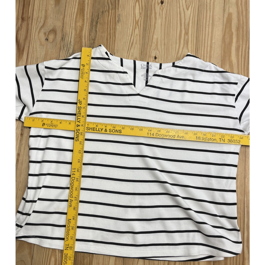 Croft & Barrow Womens White Black Striped Split Neck Cropped Blouse Top Size L