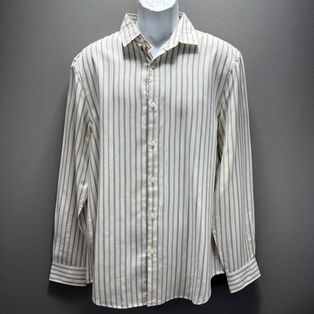 Men’s Perry Ellis Tencel Button Down Dress Shirt Tan/White LS Stripe Size L