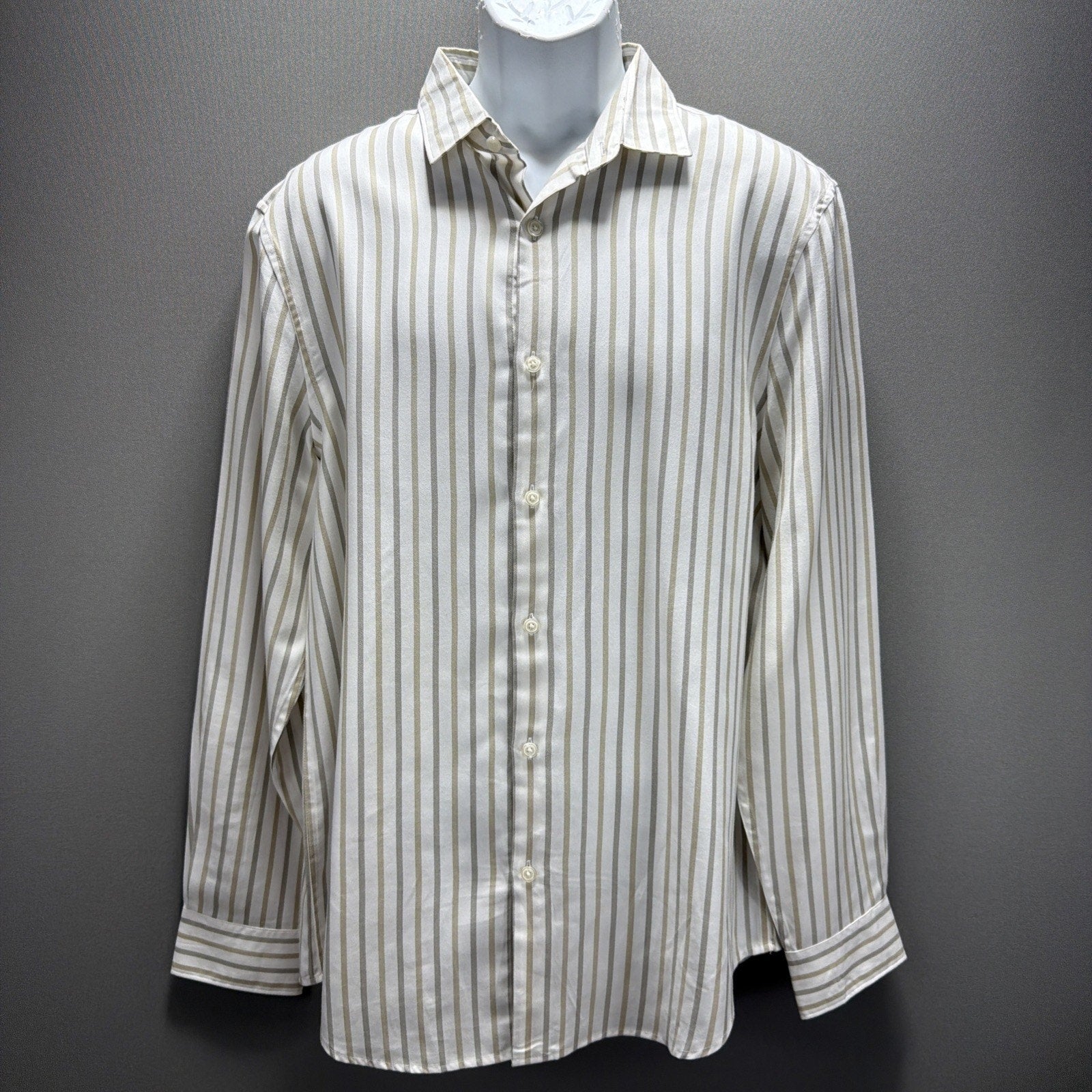 Men’s Perry Ellis Tencel Button Down Dress Shirt Tan/White LS Stripe Size L