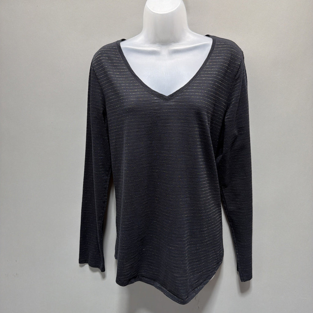 Womens SONOMA Black w METALLIC Stripe Longer Everyday Tee Shirt Top L