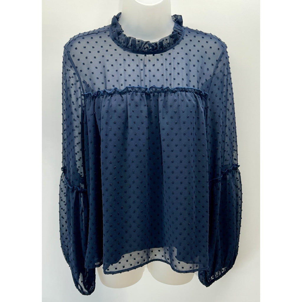 Le Lis Polka Dots Ruffled Neck Long Sleeve Blouse Size Large Blue . Made In USA