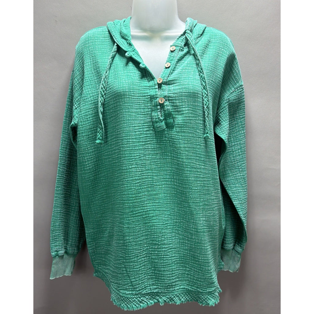 Zenana Washed Gauze Button Pullover Hoodie Green Sz Small