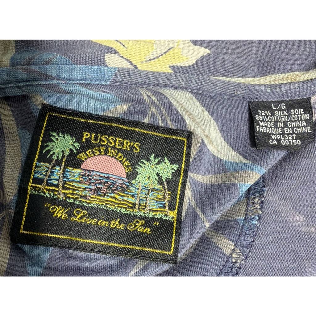 Pussers West Indies Shirt Mens Large Blue Hibiscus Hawaiian Floral Camp Silk