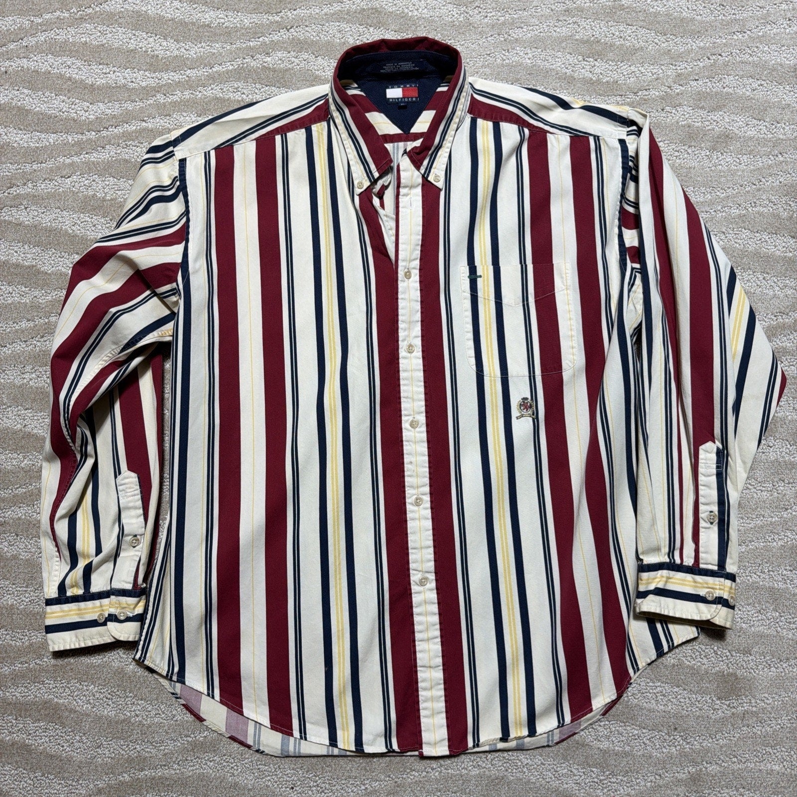 VTG 90’s Tommy Hilfiger Men's long Sleeve Button Down Stripe Shirt Crest Logo XL