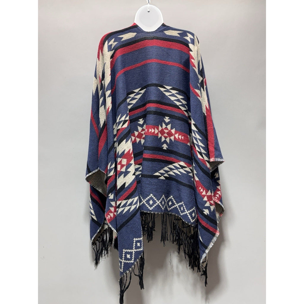 Aztec Southwestern Shawl Scarf Fringe Blue Red Geometric Poncho Cape Open Front