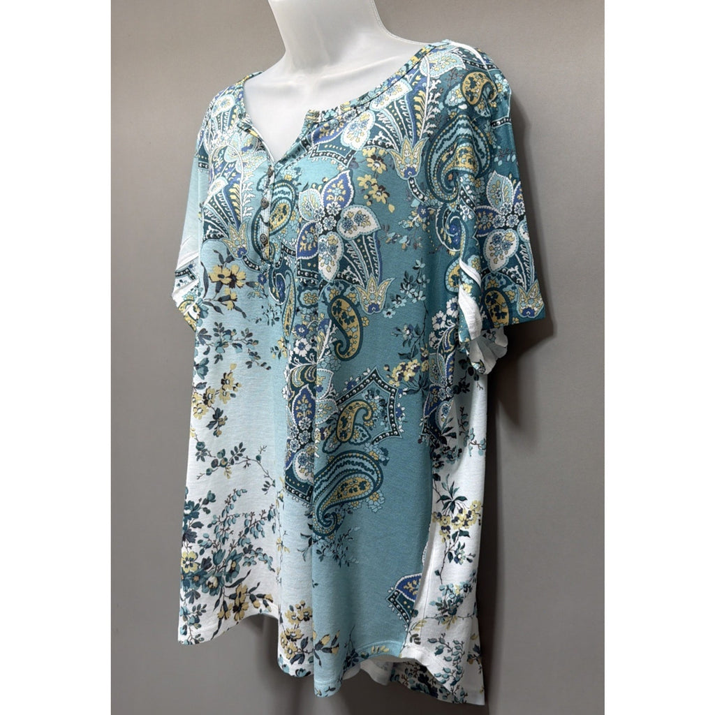 Croft &Barrow Multi Green Paisley 1/4 Button Knit V-Neck Top Tunic Plus Size 2X