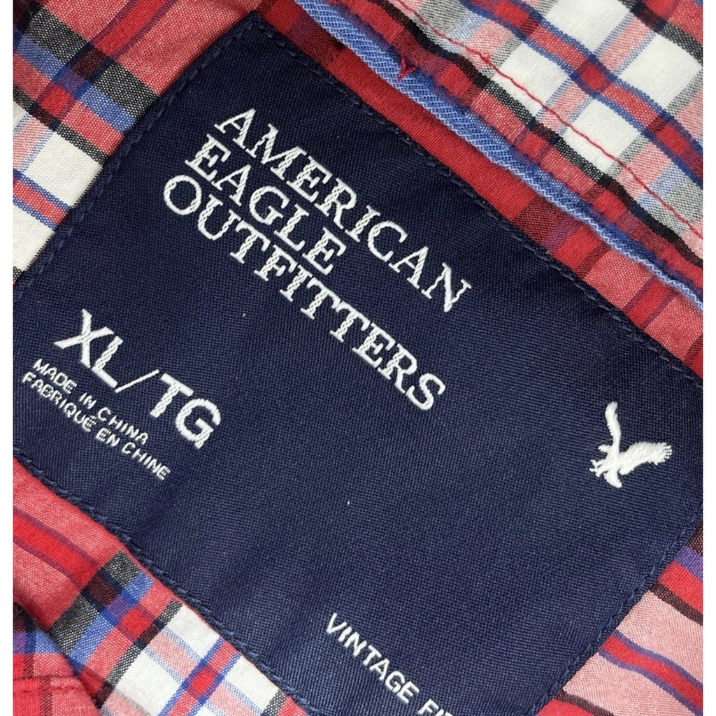 American Eagle Mens Vintage Fit Red Blue Plaid Long Sleeve Button Up Shirt Sz XL