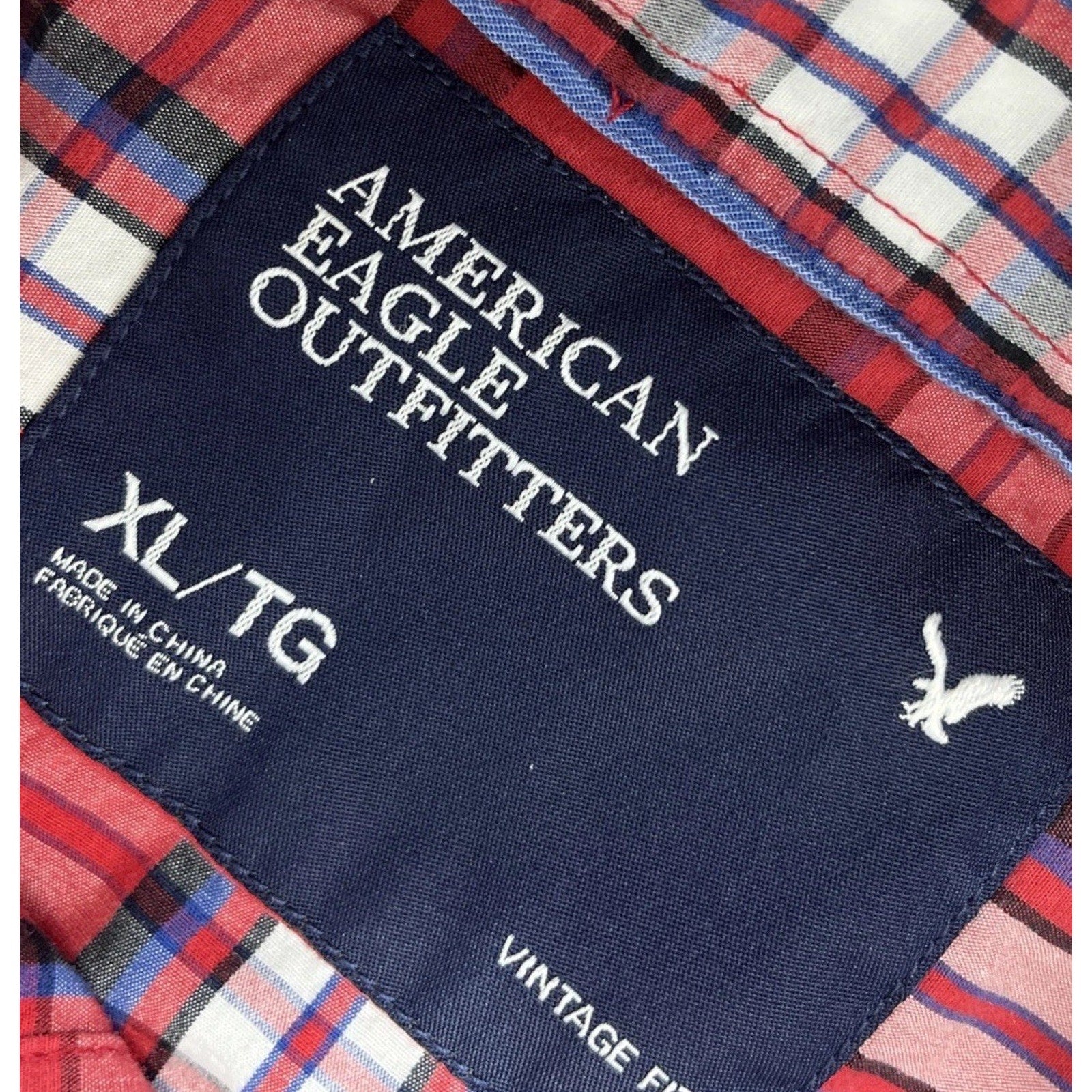 American Eagle Mens Vintage Fit Red Blue Plaid Long Sleeve Button Up Shirt Sz XL
