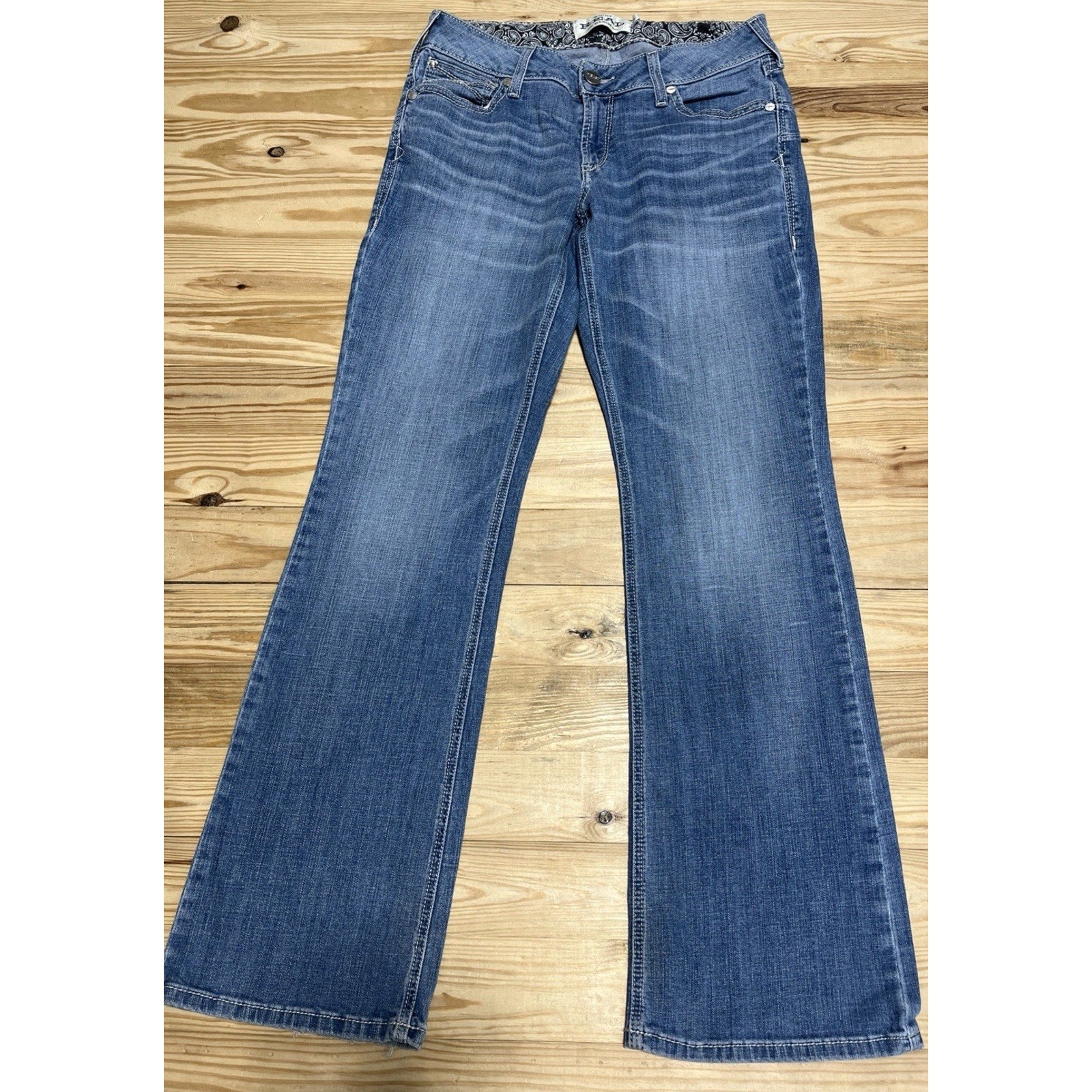 ARIAT REAL DENIM WOMENS SIZE 31 R SHORT BOOTCUT BLUE JEANS LOW RISE WHITE STITCH