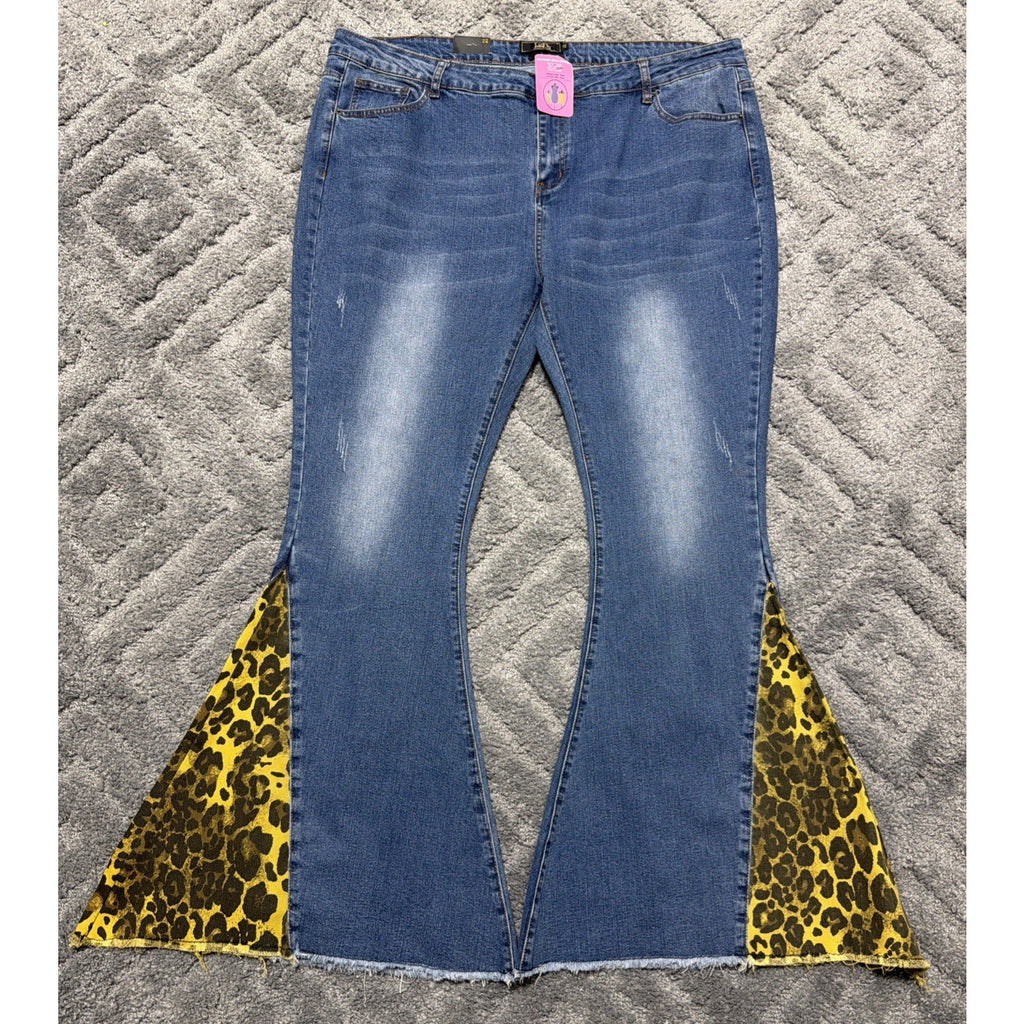 Lucky & Blessed Size 22 NEW HR Super Flare Belled Jeans Leopard Insert Stretch