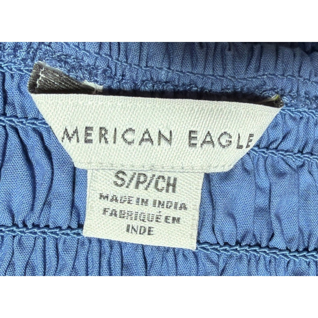 American Eagle (S) Smocked Shirred Crop Chambray Tank Top Blue Convertible