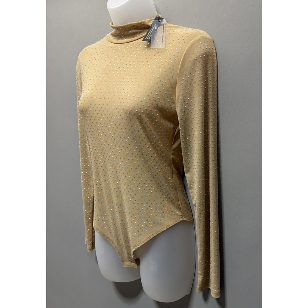 Nylon Apparel Rhinestone Studded Mesh Stretch Bodysuit Top Gold Large - New!