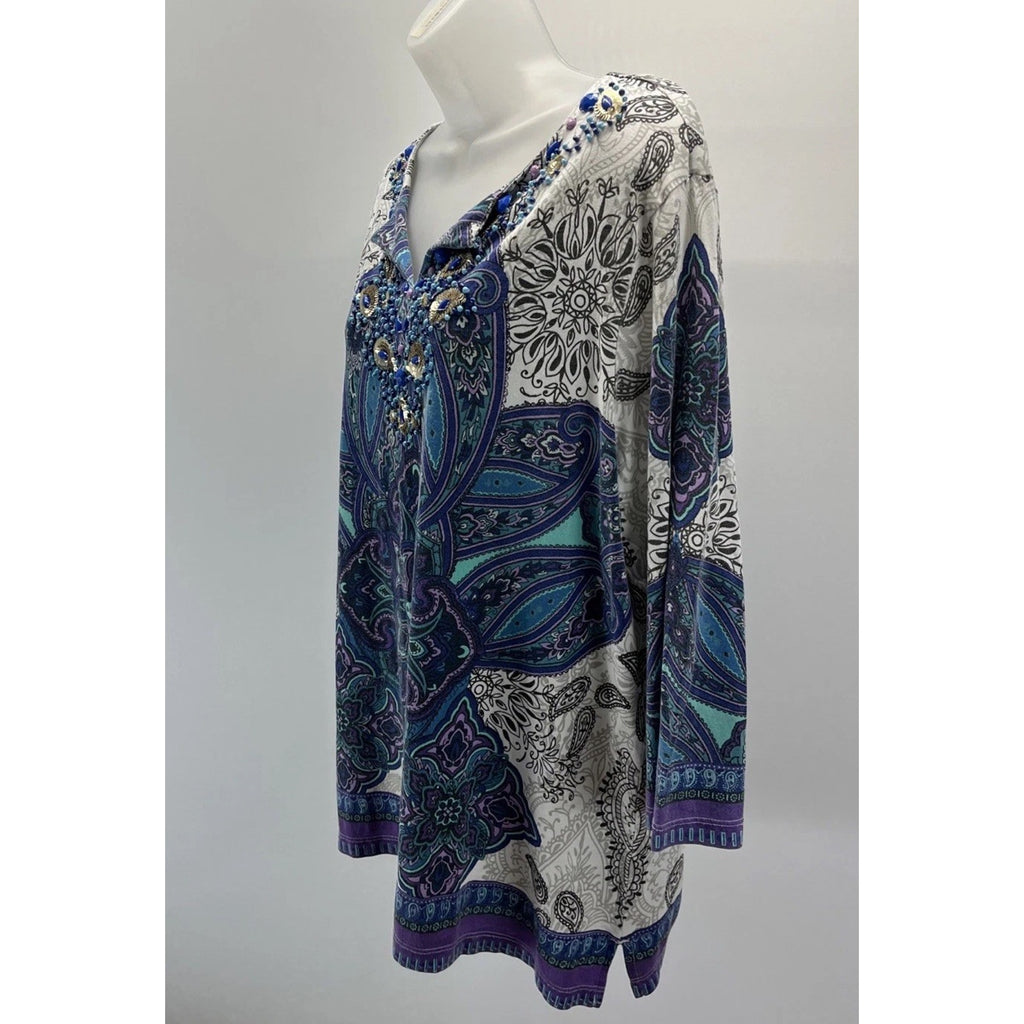 CHICO'S GRAND STATEMENT EMBELLISHED 3/4 SLEEVE TUNIC TOP MULTI COLOR Size 3