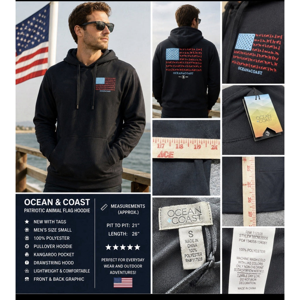NWT Ocean & Coast Hoodie Men’s Small Black Animal American Flag Pullover Pocket
