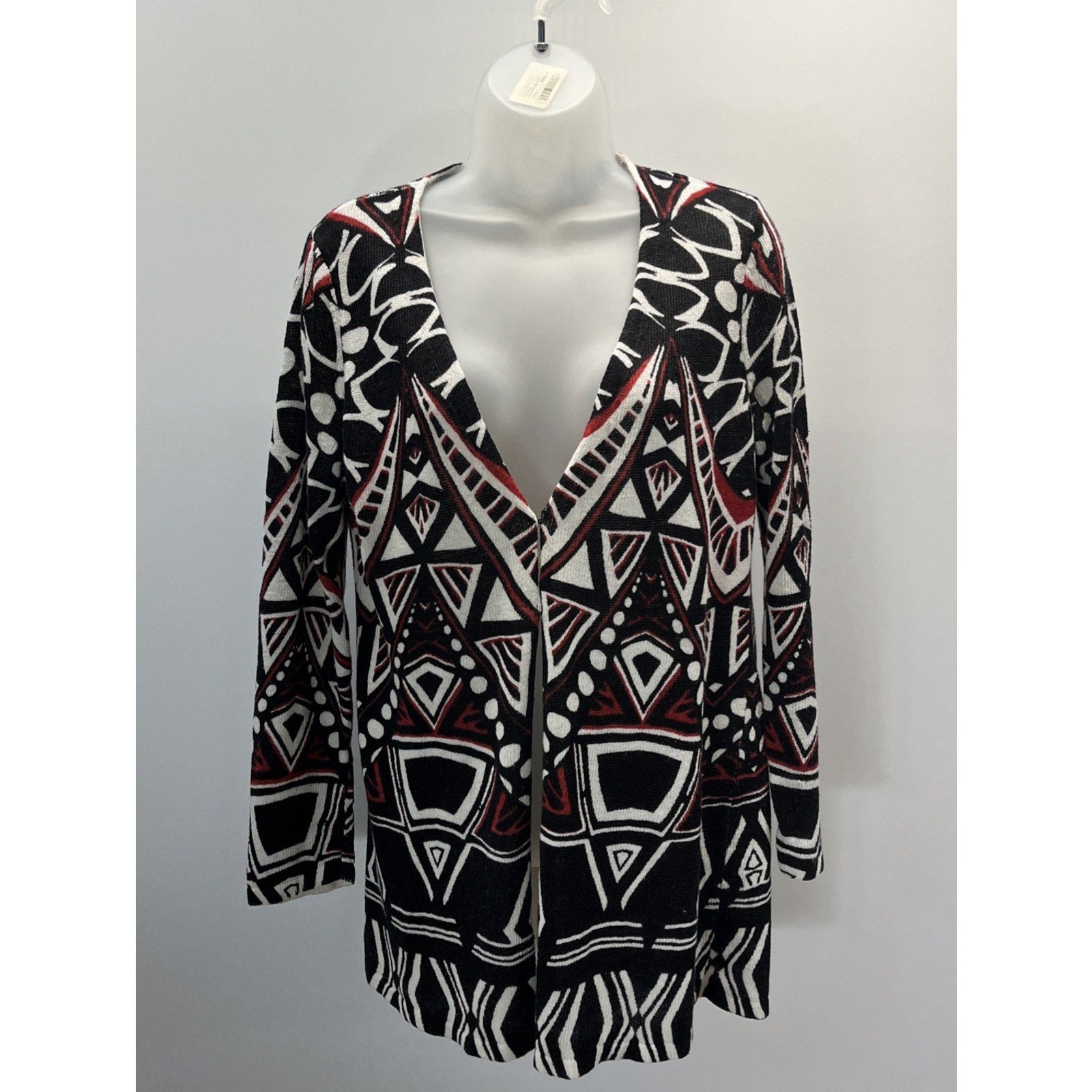 Chico's Linen Blend Cardigan Womens Size 0 Black Red Open Front Sweater