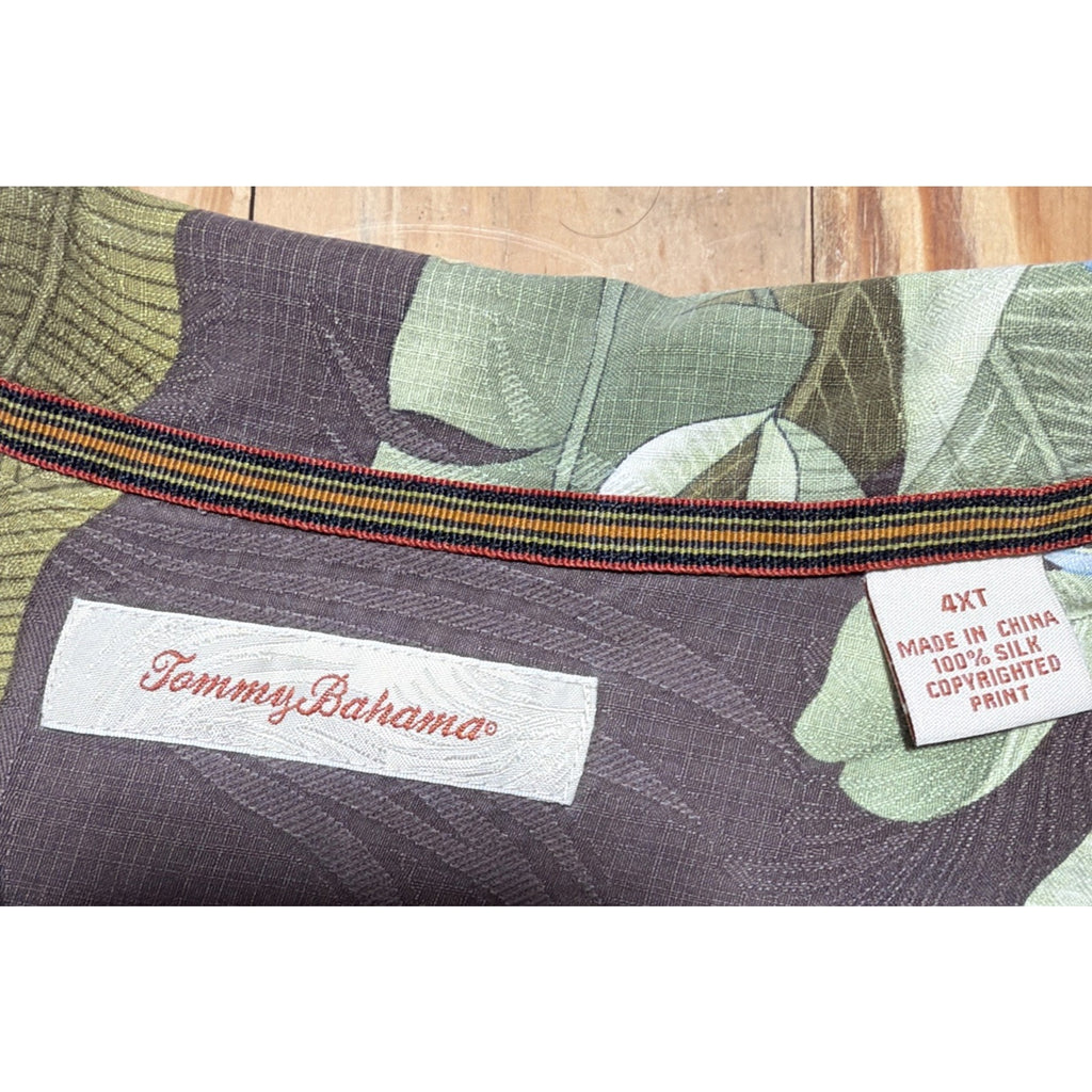 Tommy Bahama Silk Hawaiian Embroidered Camp Shirt Brown Hibiscus Floral 4X Tall