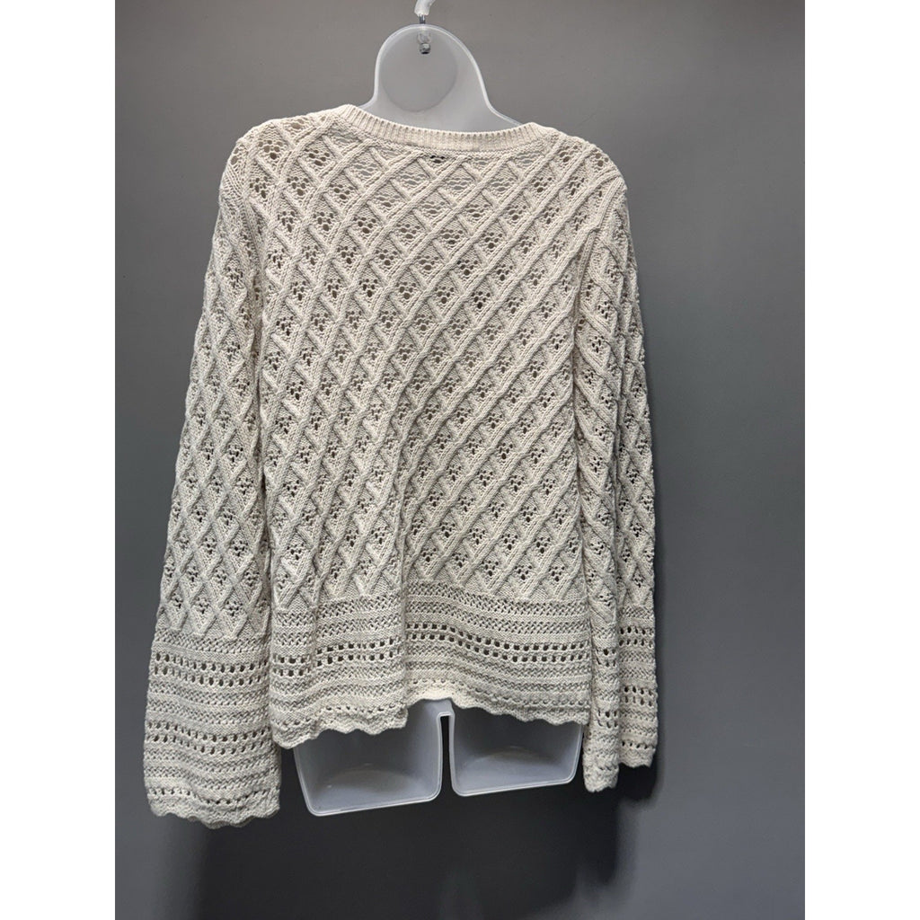 LOFT Women’s Large Cream Open Knit Sweater Bell Sleeve Boho Cotton Blend NWT