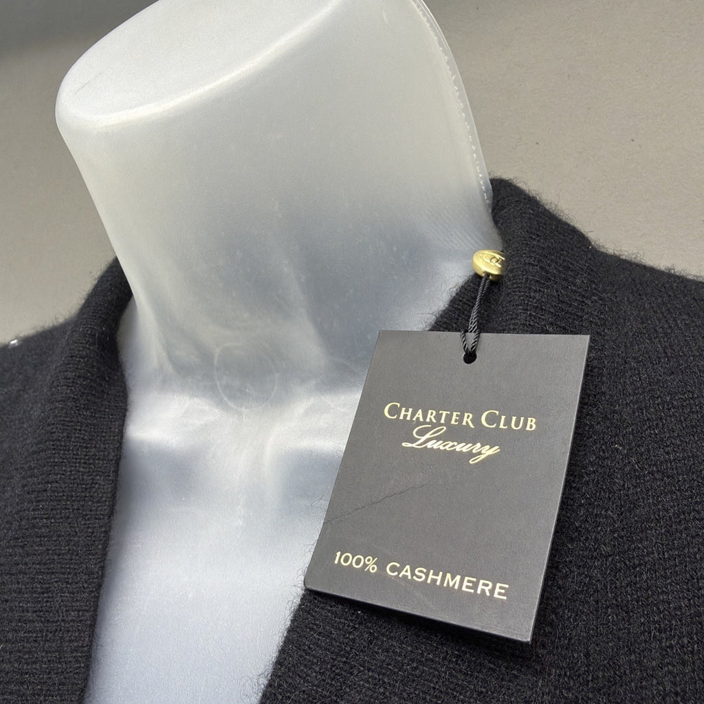 NWT Charter Club Luxury 100% Cashmere Black Rhinestone Open Front Cardigan PM