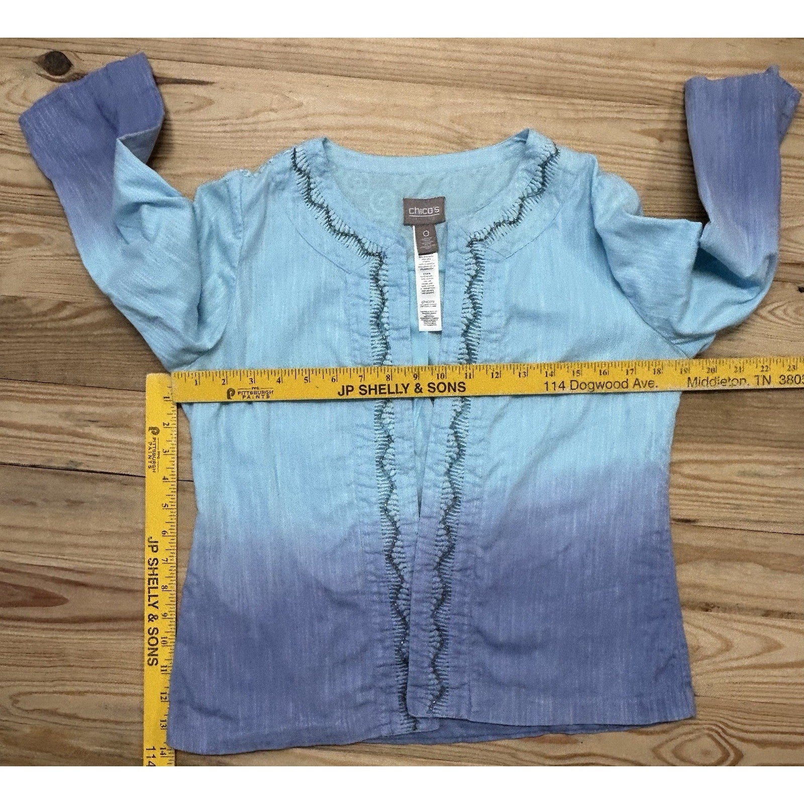 Chicos Womens Shrug Blue Purple Ombre Embellished Crochet Open Front Top 0 S