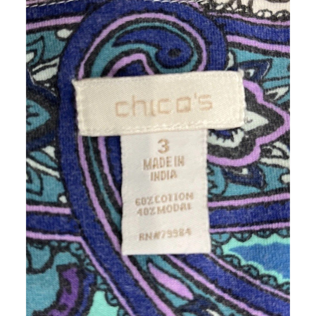 CHICO'S GRAND STATEMENT EMBELLISHED 3/4 SLEEVE TUNIC TOP MULTI COLOR Size 3
