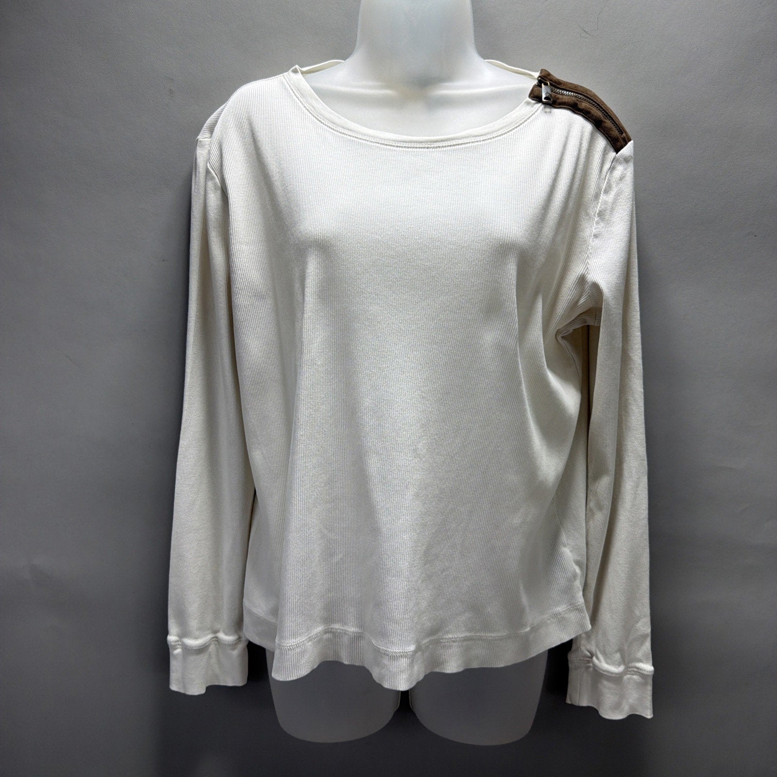 LRL Lauren Jeans Co. Ribbed Top Womens XL Ivory Suede Elbow Patches Y2K Vtg