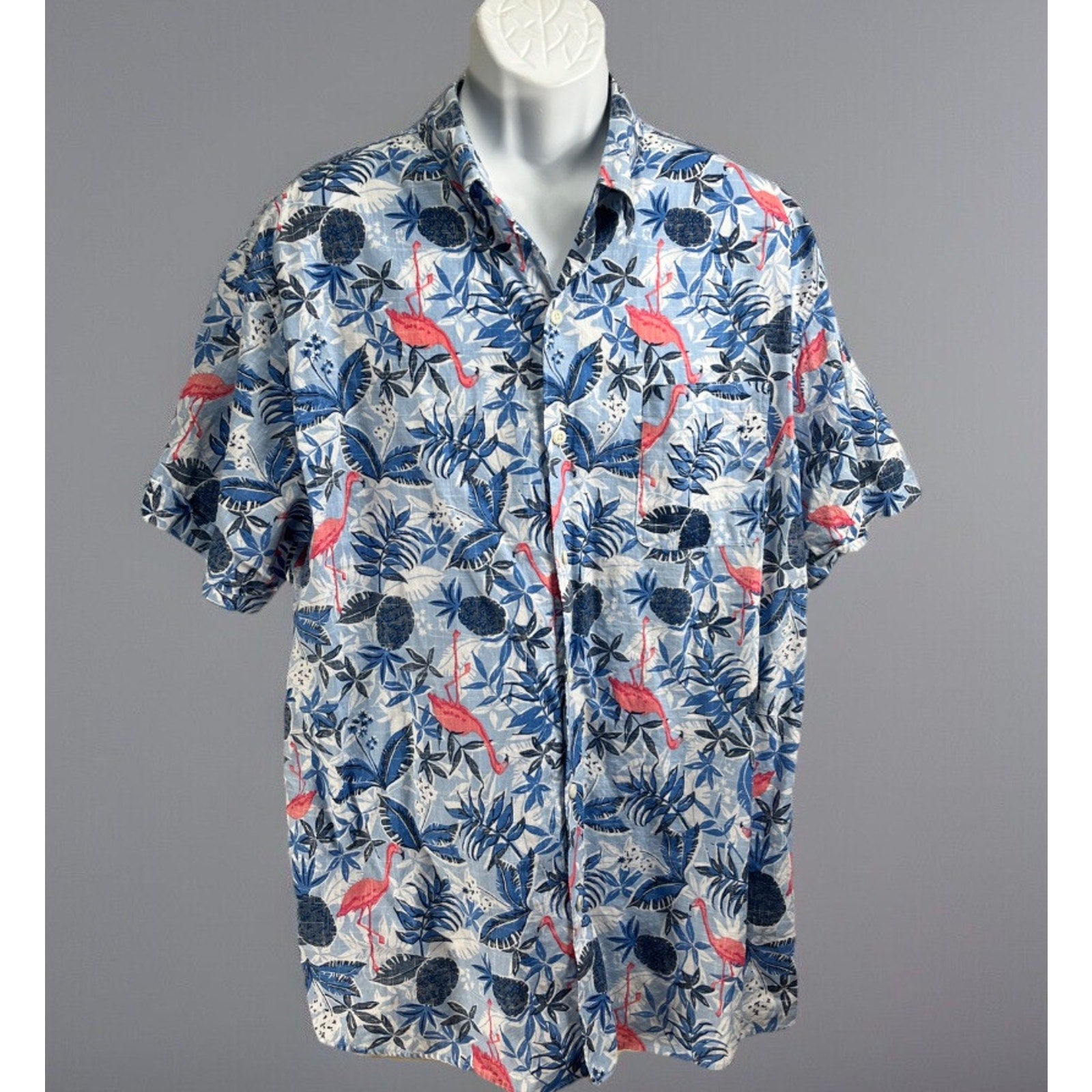 Izod Saltwater Tropical Shirt Adult XXL Blue Pink Flamingos Button Short Sleeve