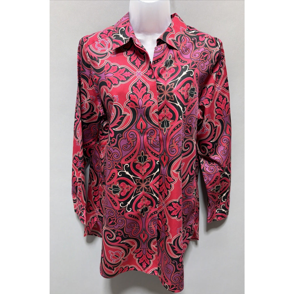 Chicos Red Paisley No Iron Long Sleeve Button Up Tunic Women’s Size 1 Medium
