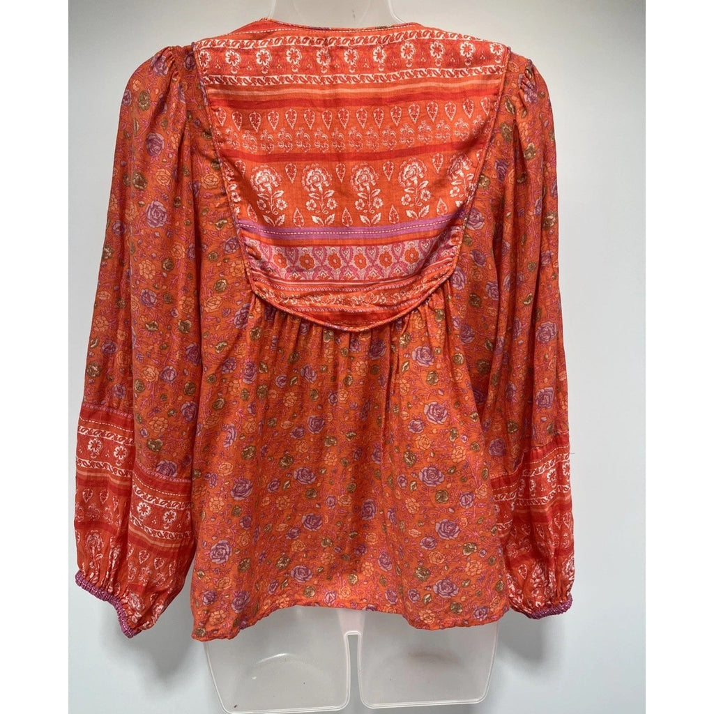 Lucky Brand Floral Lace Up Multi Long Sleeve Peasant Top Blouse Sz S