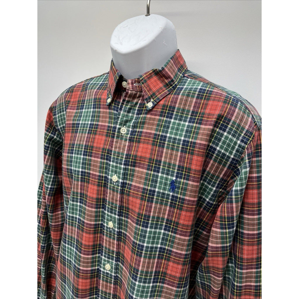 VINTAGE Ralph Lauren Men Button Up Shirt L Green Tartan Plaid Logo Classic Fit