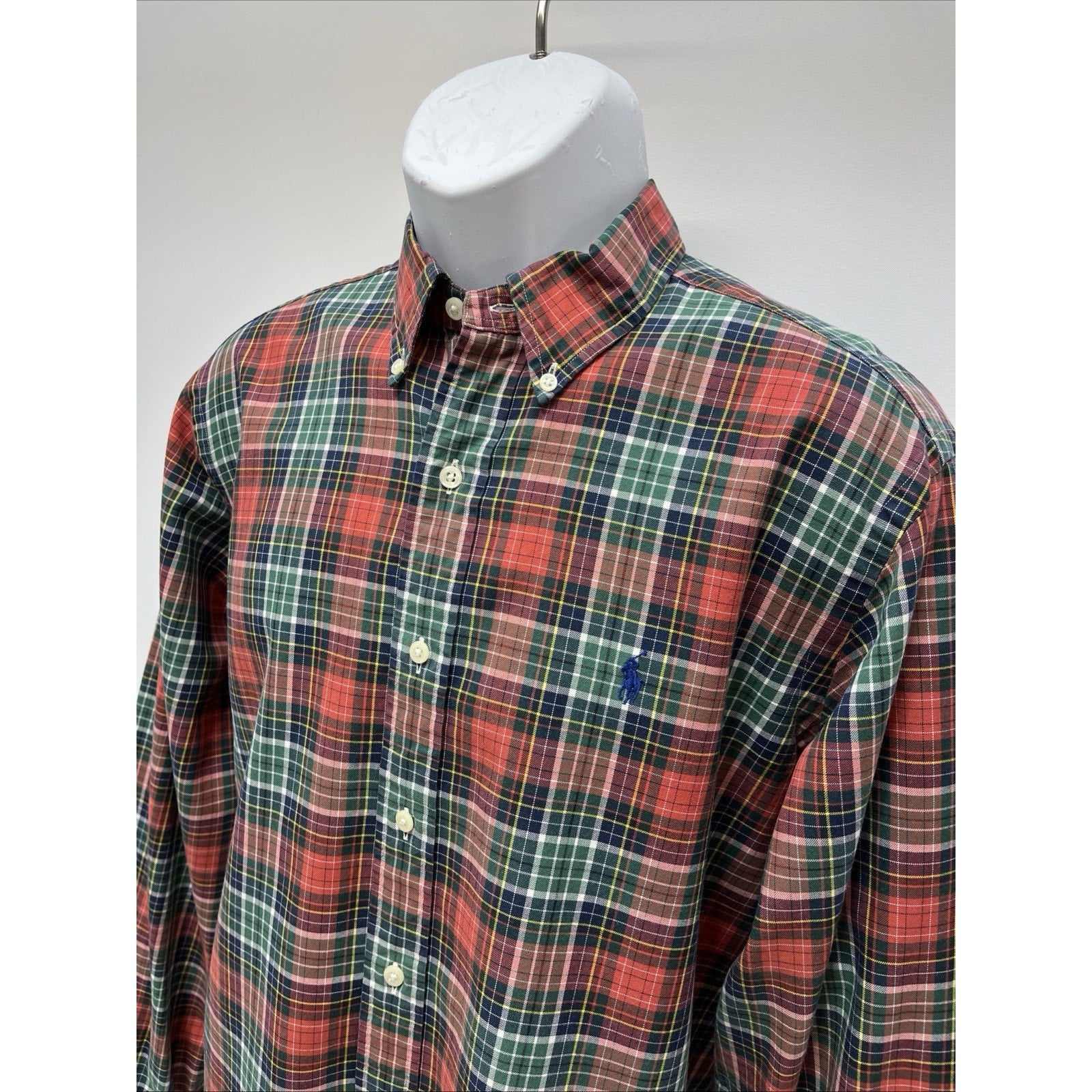 VINTAGE Ralph Lauren Men Button Up Shirt L Green Tartan Plaid Logo Classic Fit