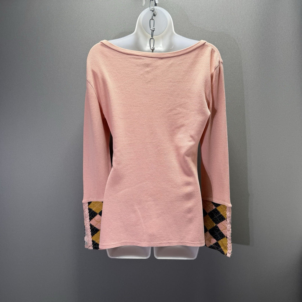 Others Follow Women’s M Pink Waffle Knit Top Argyle Cuffs Off Shoulder Boho