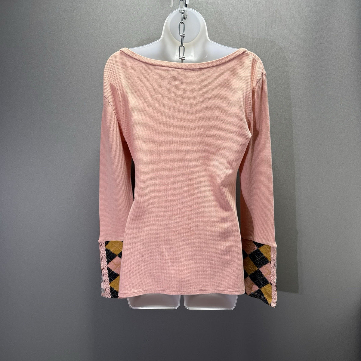 Others Follow Women’s M Pink Waffle Knit Top Argyle Cuffs Off Shoulder Boho