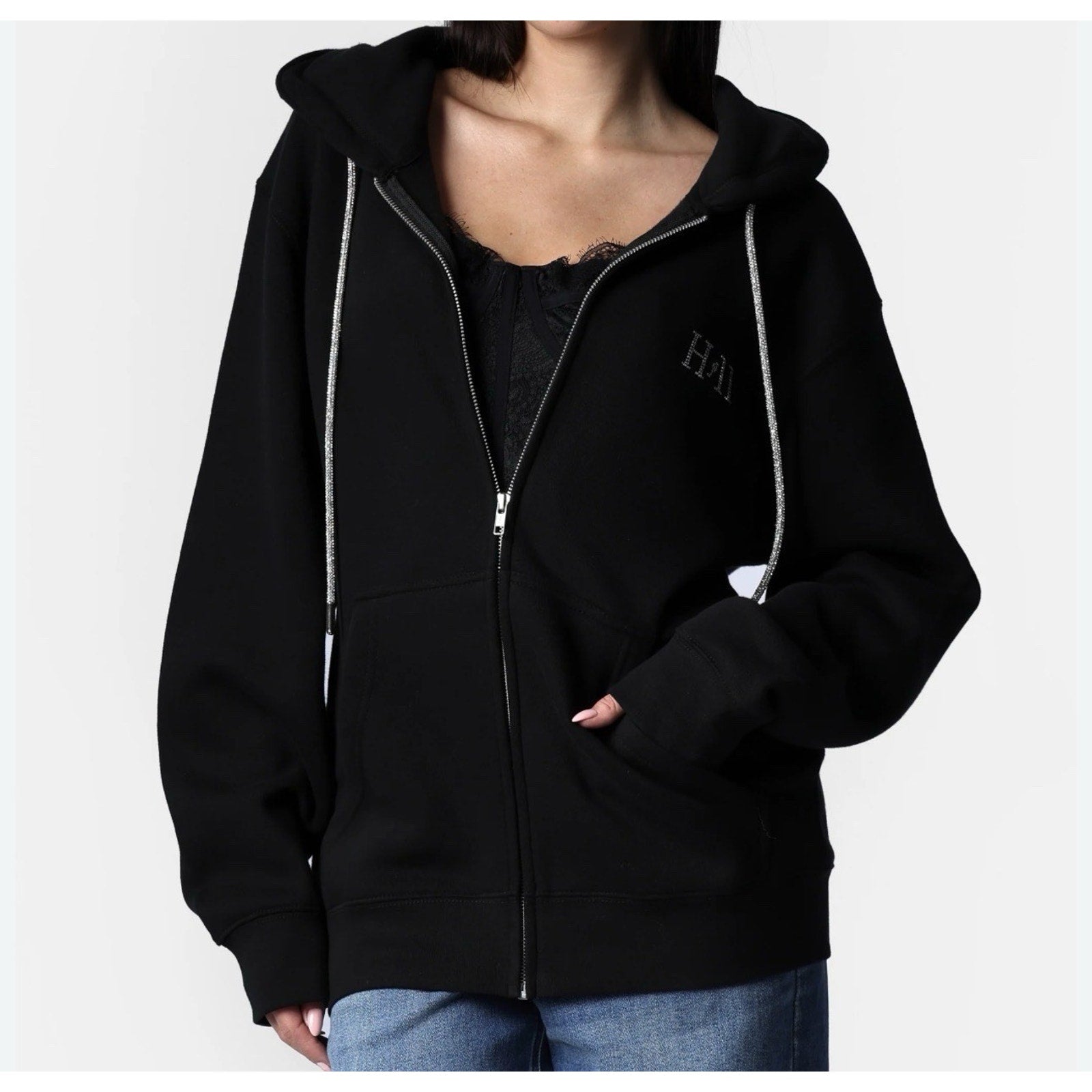 Liv & Lucy black zip-up hoodie, available in a women's size medium