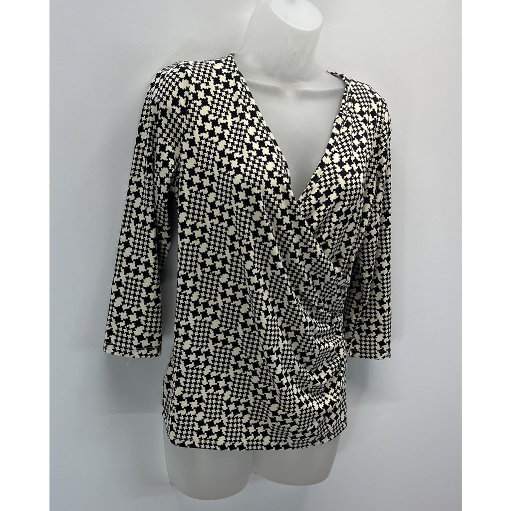 Talbots Petites Surplice V-Neck Crossbody Faux Wrap Top Ivory & Black Size MP