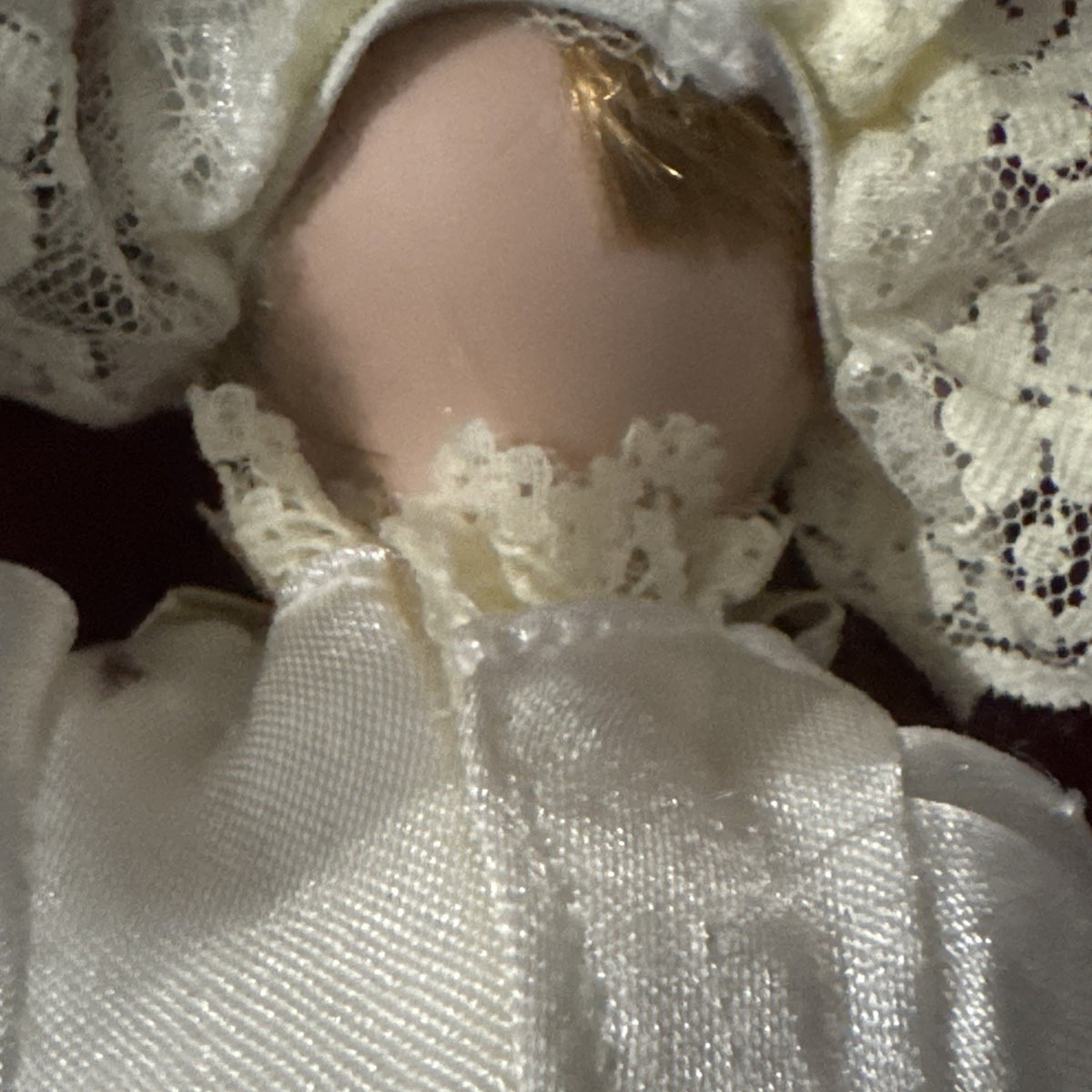 Vintage Mini Porcelain Baby Doll 5” White Satin Lace Dress Bonnet Collectible