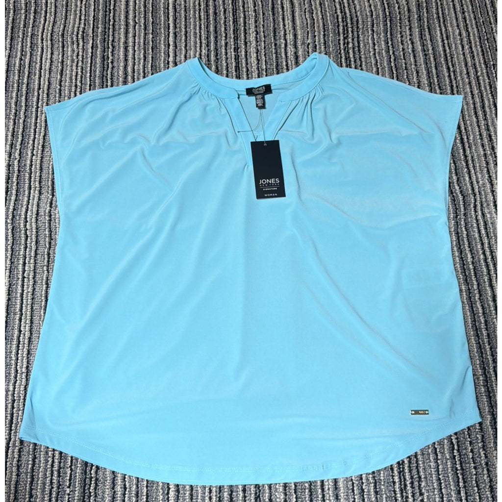 Jones New York Women Top Plus Size 1X Aqua Short Sleeve V Neck Blouse NWT