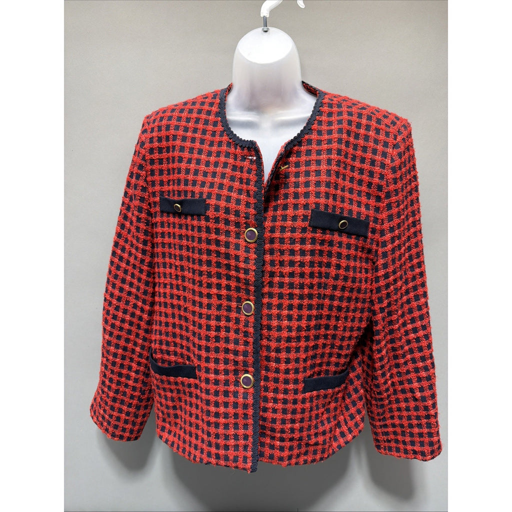 Tan Jay Women Red Navy Plaid Wool Blend Blazer Jacket Size L VINTAGE Classic