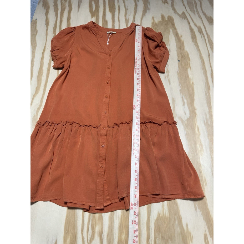 Kori America Orange Babydoll Dress S Boho Puff Sleeve Button Front Tunic Mini
