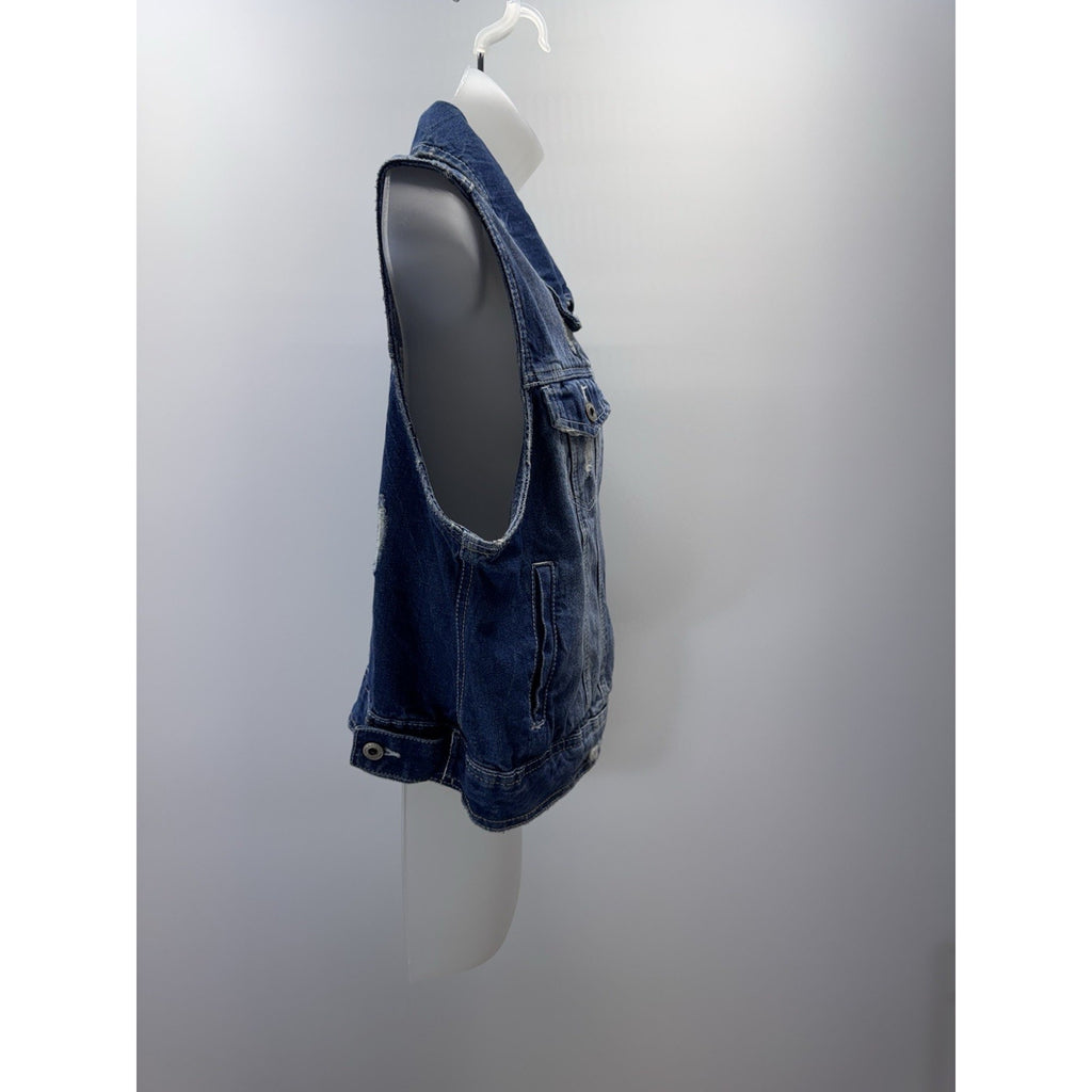Amethyst Women’s Plus 1X Blue Denim Vest Distressed Button Front