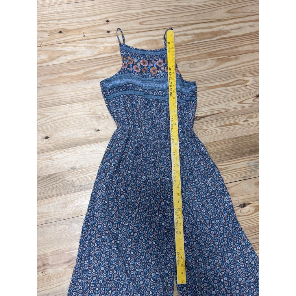 Easel Jumpsuit Womens M Green Blue Floral Wide Leg Sleeveless Boho Ruffle Hem