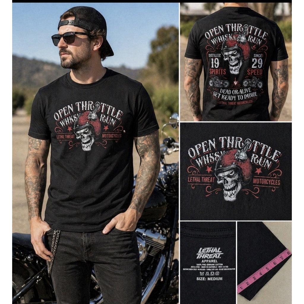 Lethal Threat Motorcycles T Shirt Mens Medium Black Skull Whiskey Run Biker